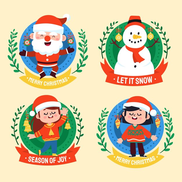 Colección insignias navideñas planas dibujadas a mano