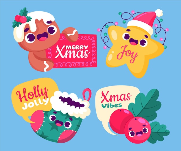 Colección insignias navideñas planas dibujadas a mano