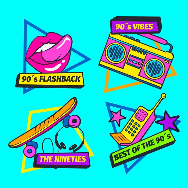 Colección de insignias nostálgicas de los 90 dibujadas a mano