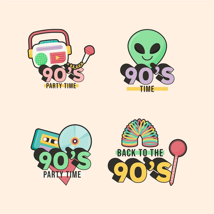 Vector gratuito colección de insignias nostálgicas de los 90 dibujadas a mano