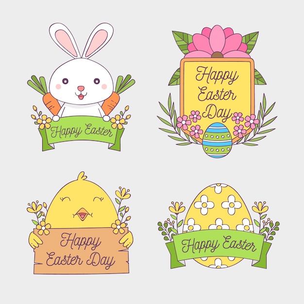 Vector gratuito colección de insignias de pascua con conejitos y huevos dibujados a mano