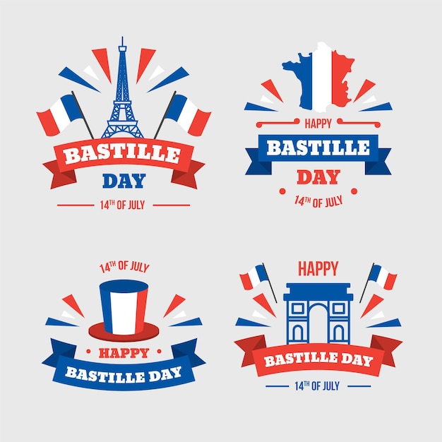 Vector gratuito colección de insignias planas del día de la bastilla