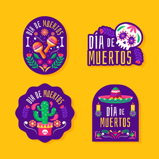 Colección insignias planas dia de muertos dibujadas a mano