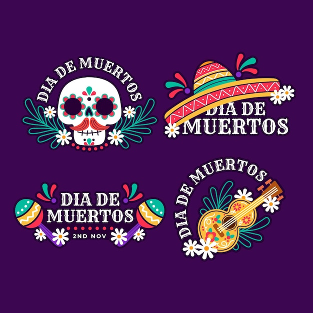 Colección insignias planas dia de muertos dibujadas a mano