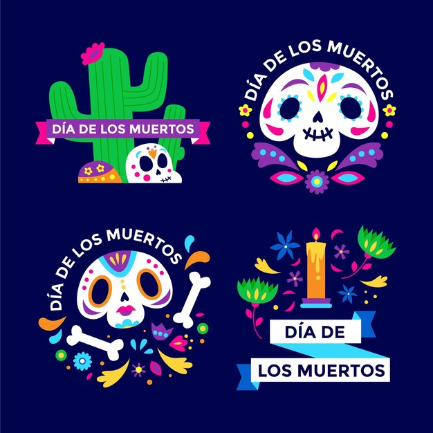 Colección insignias planas dia de muertos dibujadas a mano