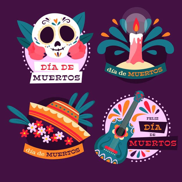 Colección insignias planas dia de muertos dibujadas a mano