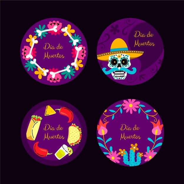 Colección insignias planas dia de muertos dibujadas a mano