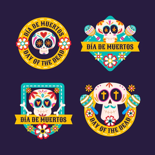 Colección insignias planas dia de muertos dibujadas a mano