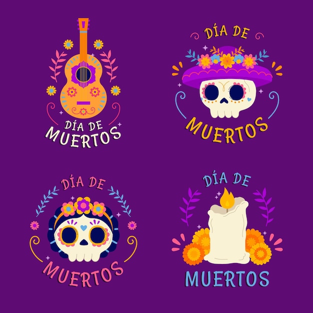 Colección insignias planas dia de muertos dibujadas a mano