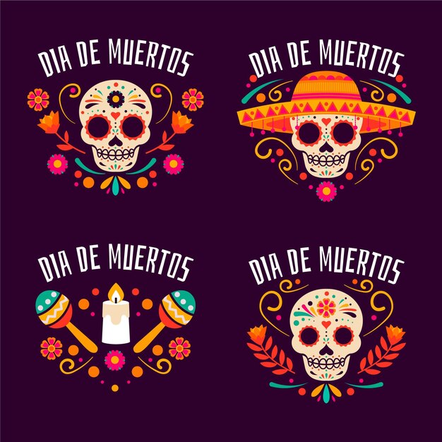 Vector gratuito colección de insignias planas de dia de muertos