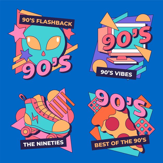 Colección insignias planas nostálgicas de los 90 dibujadas a mano