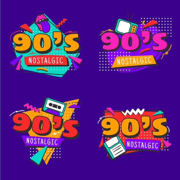 Vector gratuito colección insignias planas nostálgicas de los 90 dibujadas a mano