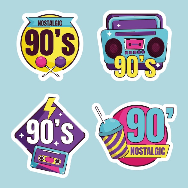 Vector gratuito colección de insignias planas nostálgicas de los 90