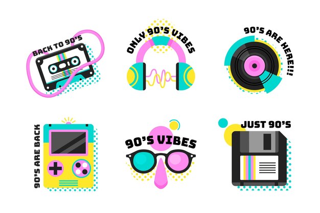 Colección de insignias planas nostálgicas de los 90