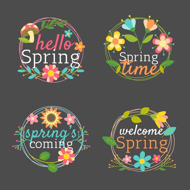 Colección de insignias de primavera con marco de hojas y flores