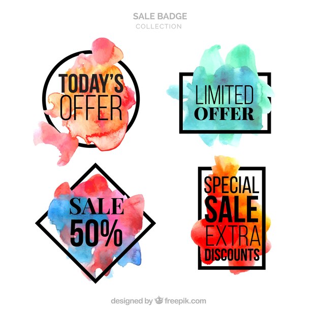 Colección de insignias de rebajas en acuarela