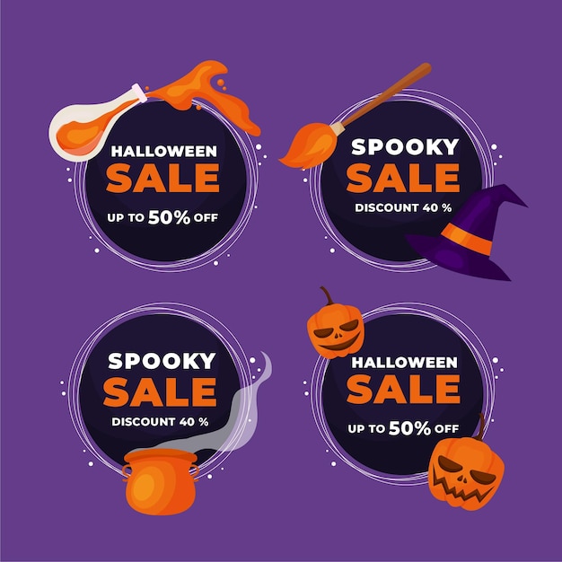 Vector gratuito colección de insignias de rebajas de halloween de diseño plano