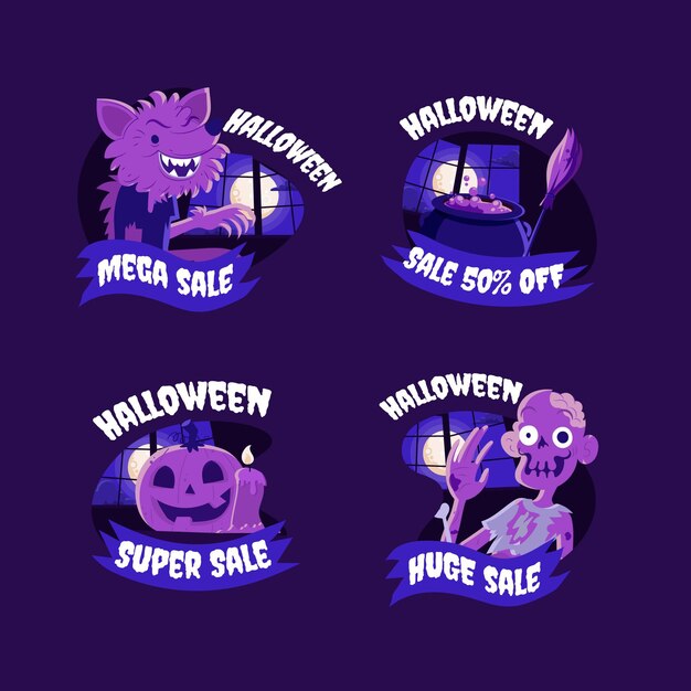 Colección de insignias de rebajas de halloween planas dibujadas a mano