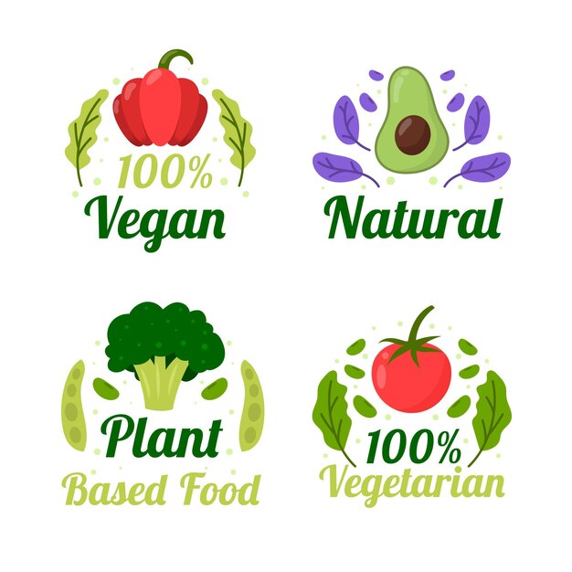 Colección de insignias vegetarianas planas dibujadas a mano