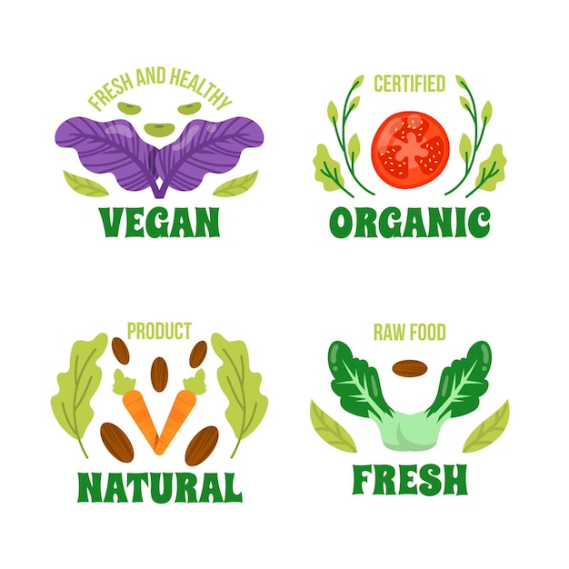 Colección de insignias vegetarianas planas dibujadas a mano