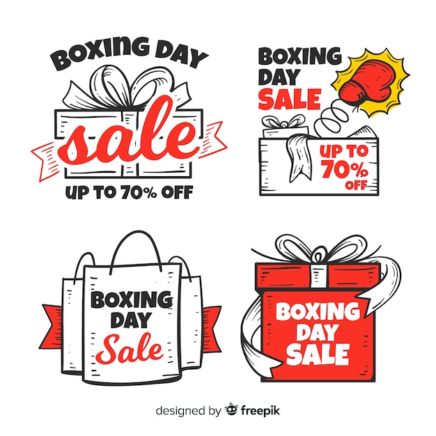 Colección de insignias de venta de día de boxeo dibujado a mano