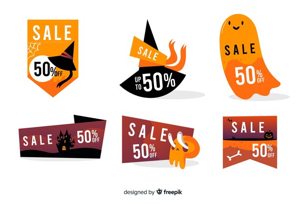 Colección de insignias de venta de halloween dibujadas a mano