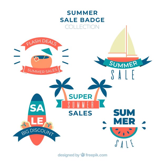 Colección de insignias de venta de verano con elementos de playa