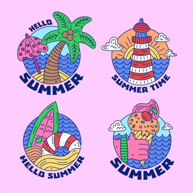 Colección de insignias de verano dibujadas a mano