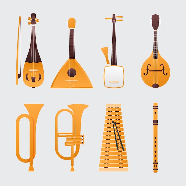 Vector gratuito colección de instrumentos musicales degradados.