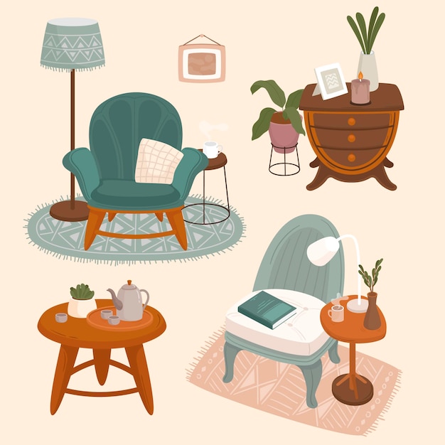 Vector gratuito colección de interiores con muebles cómodos y elegantes y decoraciones para el hogar.