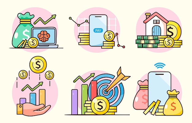 Colección de inversión financiera Depósito bancario Financiamiento de ganancias Administrar dinero en estilo de dibujos animados para la ilustración de vector de diseñador gráfico