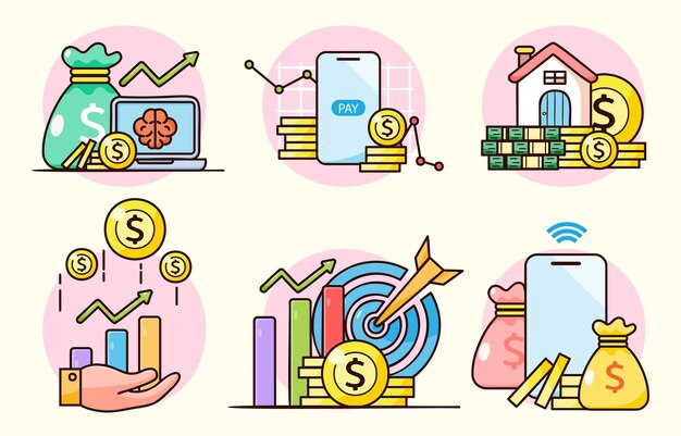 Colección de inversión financiera Depósito bancario Financiamiento de ganancias Administrar dinero en estilo de dibujos animados para la ilustración de vector de diseñador gráfico