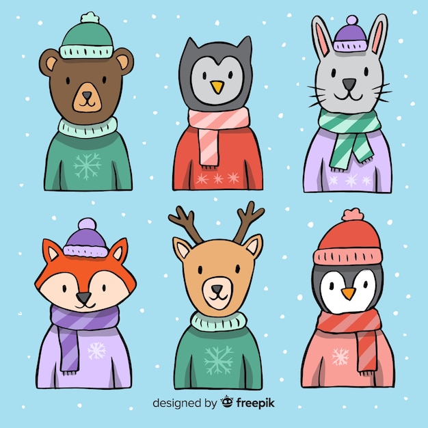 Vector gratuito colección invierno animales vestidos