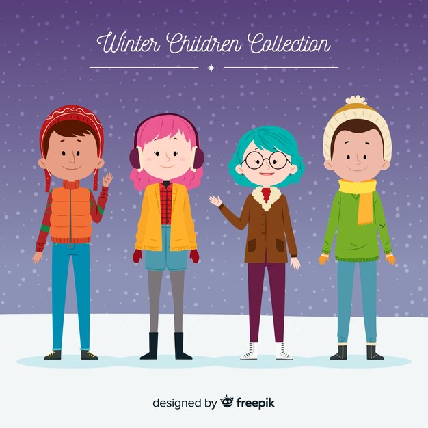 Colección invierno niños dibujados a mano
