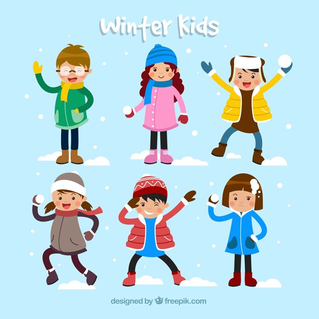 Colección de invierno de niños jugando bolas de nieve y divirtiéndose