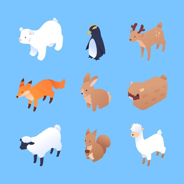 Colección isométrica de animales de invierno.