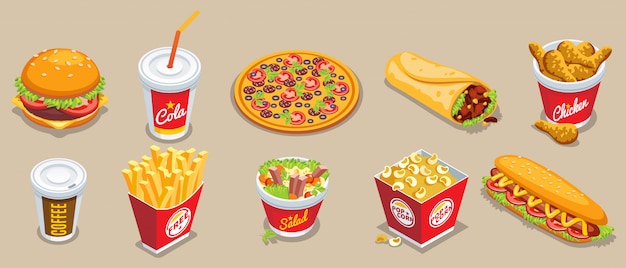 Vector gratuito colección isométrica de comida rápida con diferentes productos y bebidas.