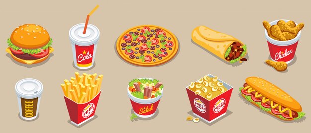 Colección isométrica de comida rápida con diferentes productos y bebidas.