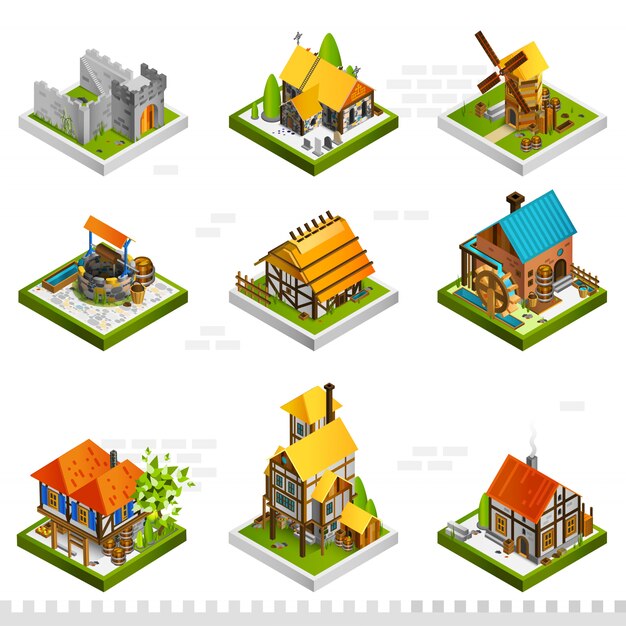 Colección isométrica de edificios medievales.