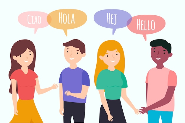 Colección de jóvenes de diseño plano hablando en diferentes idiomas