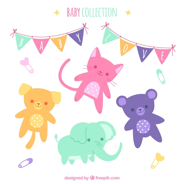 Colección de juguetes de bebé en estilo plano