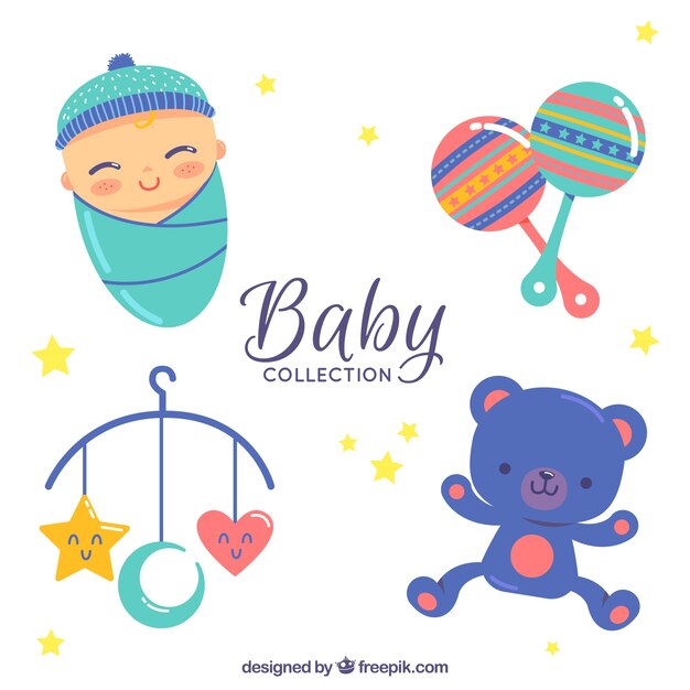 Colección de juguetes de bebé en estilo plano