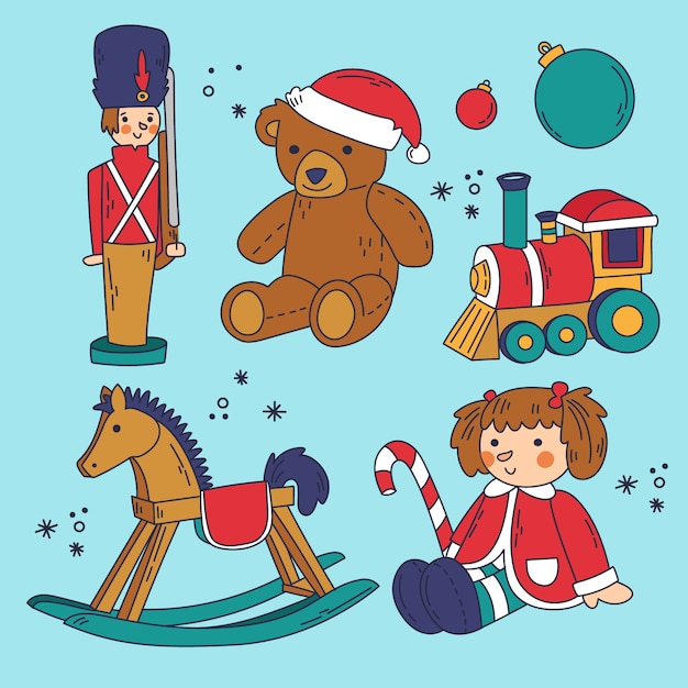 Colección de juguetes navideños dibujados a mano