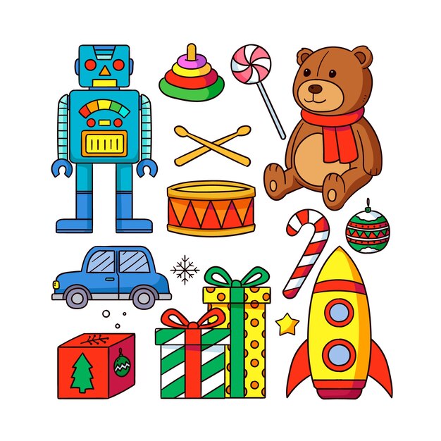 Colección de juguetes navideños dibujados a mano