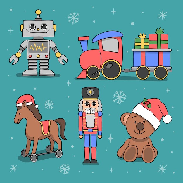 Colección de juguetes navideños dibujados a mano