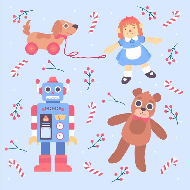 Colección de juguetes navideños dibujados a mano