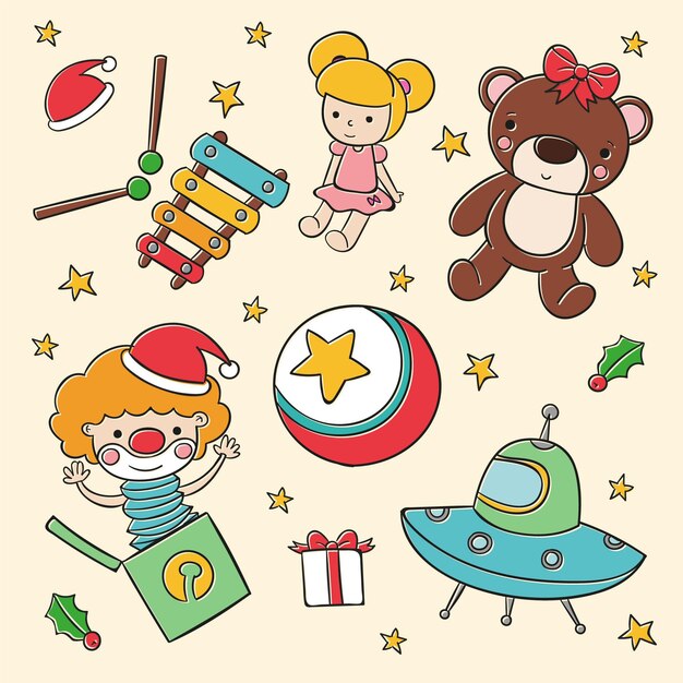 Colección de juguetes navideños dibujados a mano