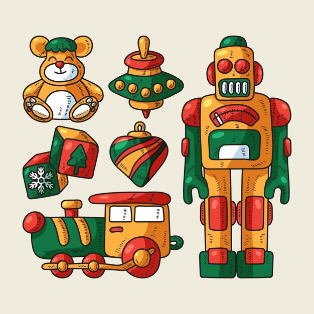 Colección juguetes navideños dibujados a mano
