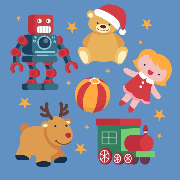 Colección de juguetes navideños planos dibujados a mano
