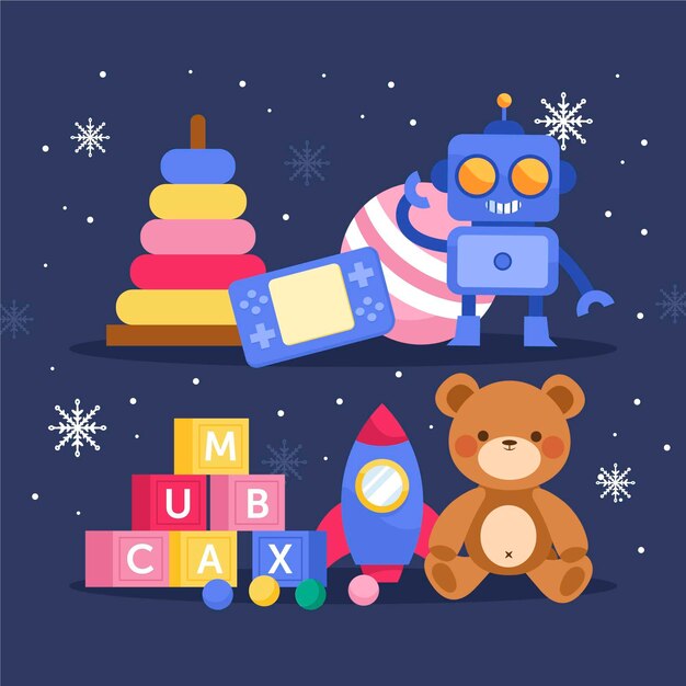 Colección de juguetes navideños planos dibujados a mano